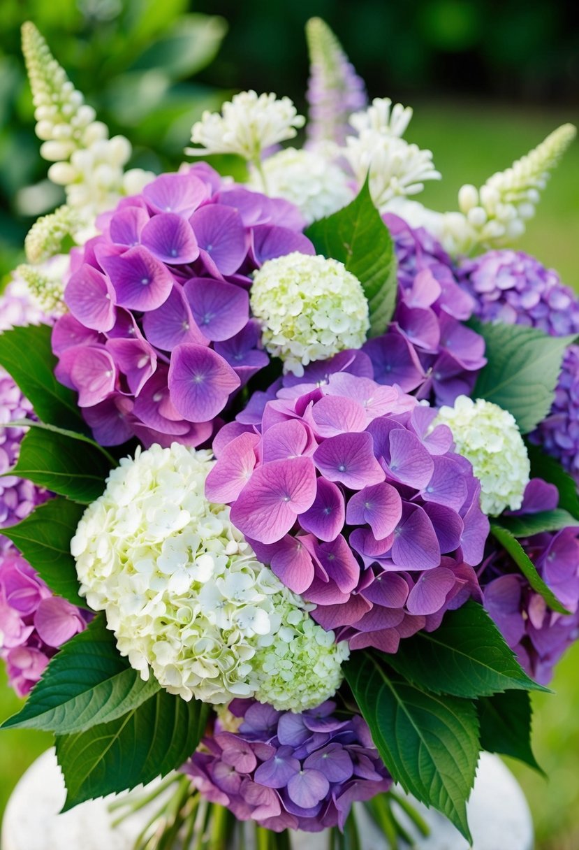 A lush bouquet of purple hydrangeas and greenery, accented with delicate white flowers