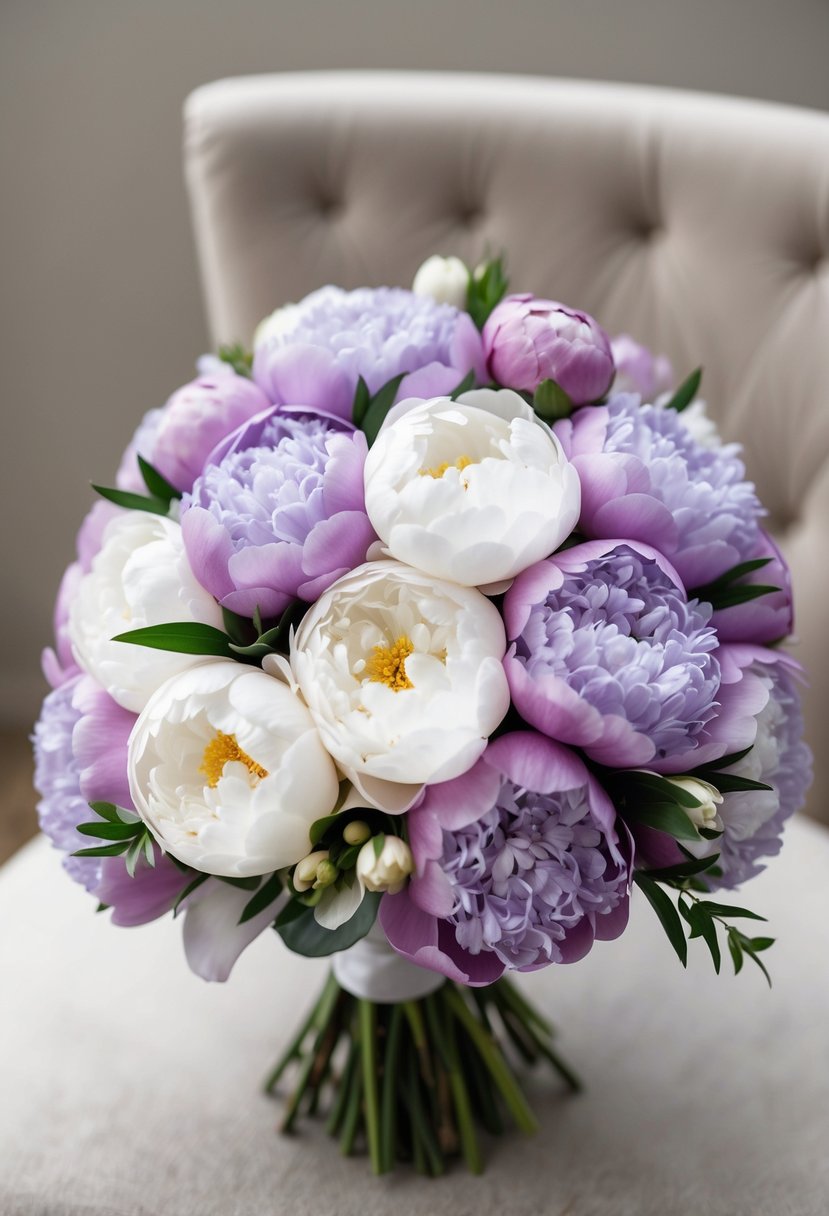 A bouquet of lilac and white peonies arranged in a delicate and elegant wedding bouquet