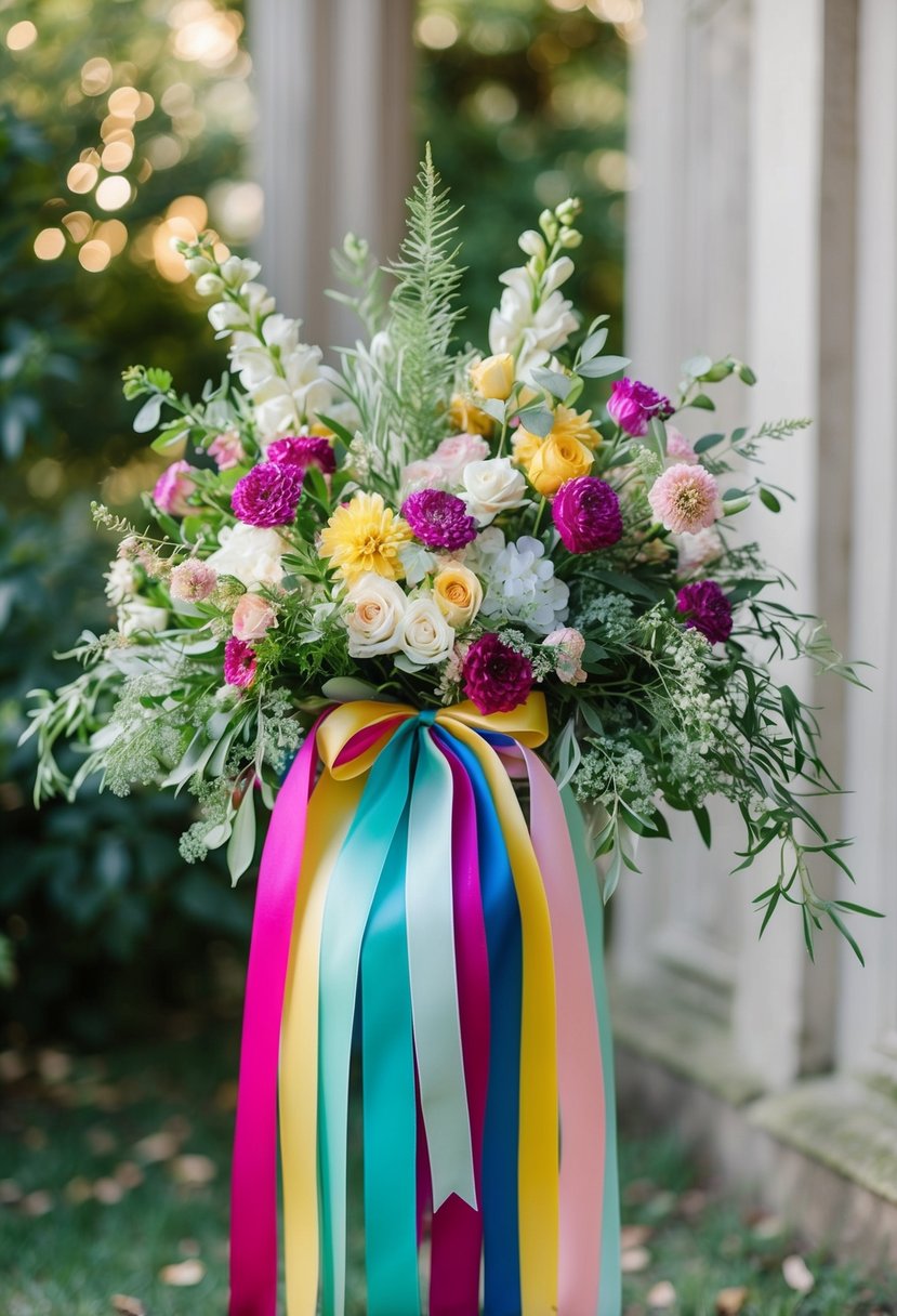 A bouquet of colorful ribbons cascading from a delicate arrangement of flowers and greenery, tied with a satin ribbon