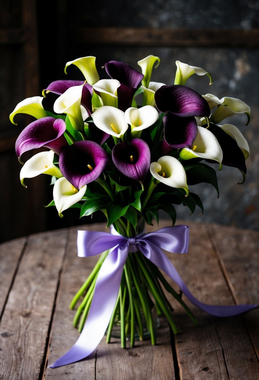 A lush bouquet of deep purple and white calla lilies, tied with a satin ribbon, rests on a rustic wooden table