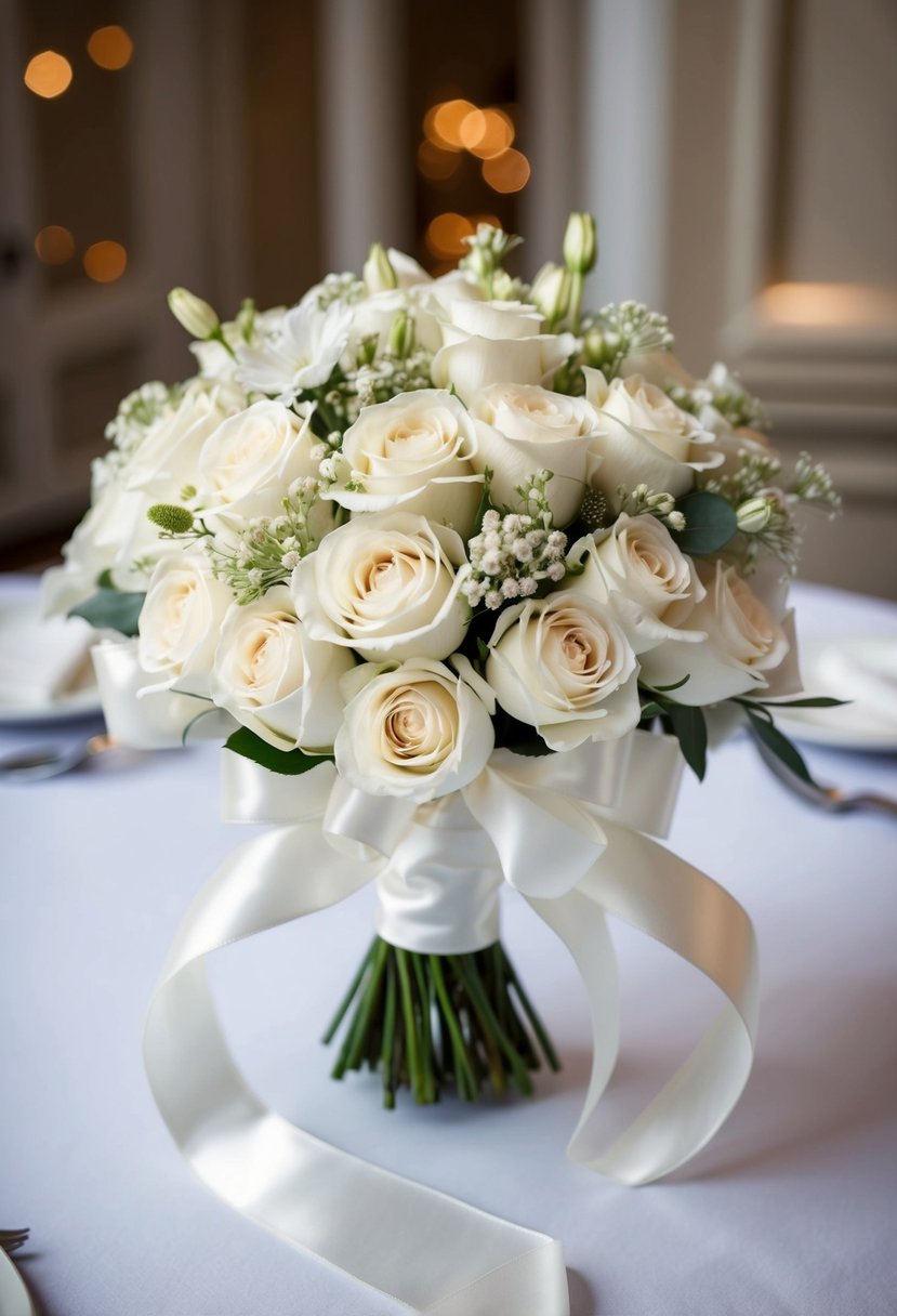 A bouquet of white satin wrap ribbon adorns a classic wedding setting