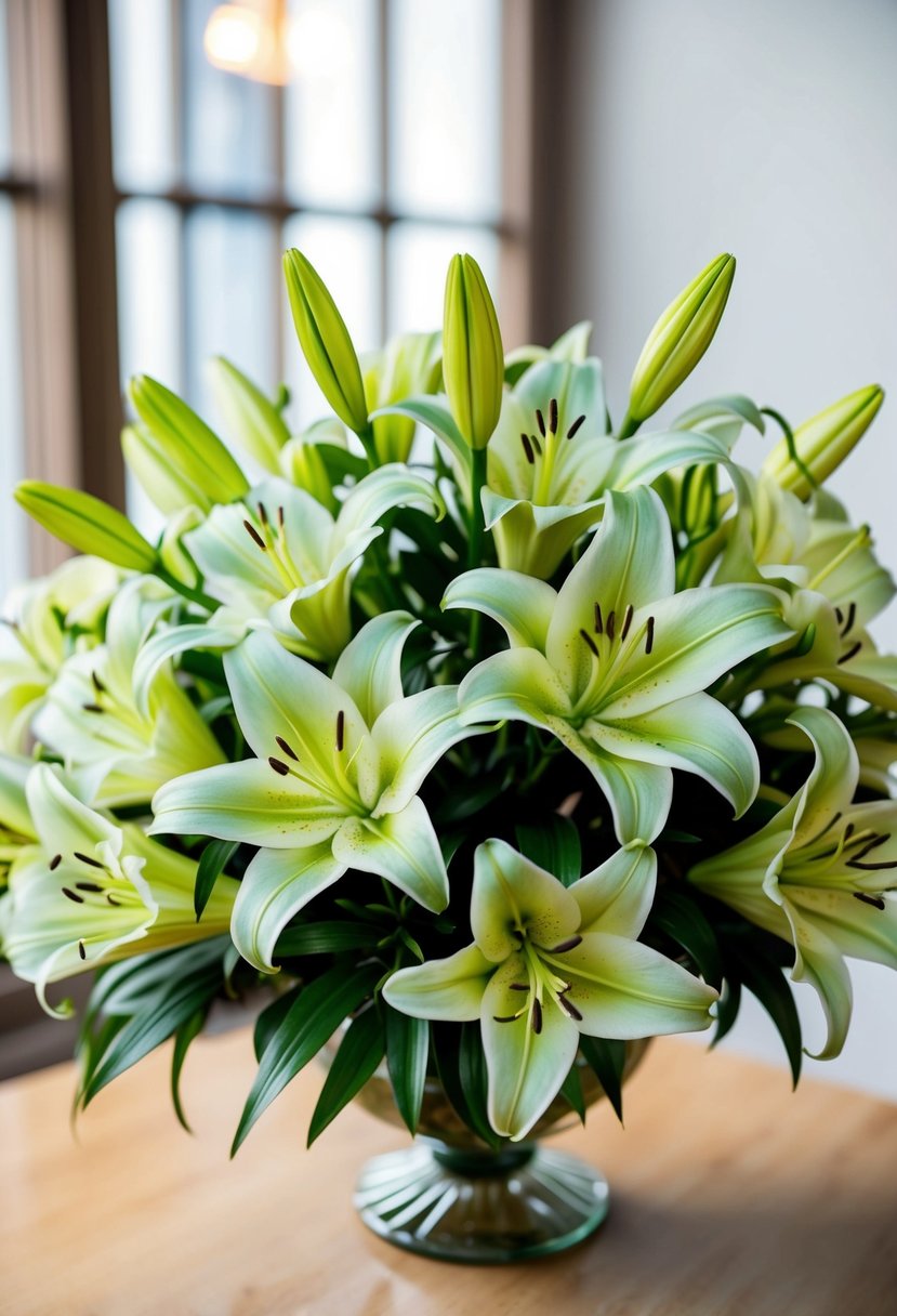 A beautiful bouquet of elegant lilies in shades of sage green