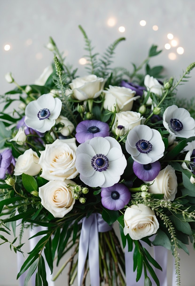 A lush bouquet of violet anemones and white roses arranged in a cascading style, with delicate greenery and ribbon accents