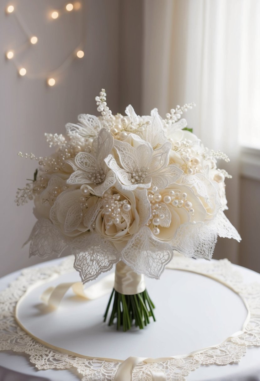 A lace bouquet with pearl detail ribbon sits on a white table, surrounded by soft lighting and delicate lace accents