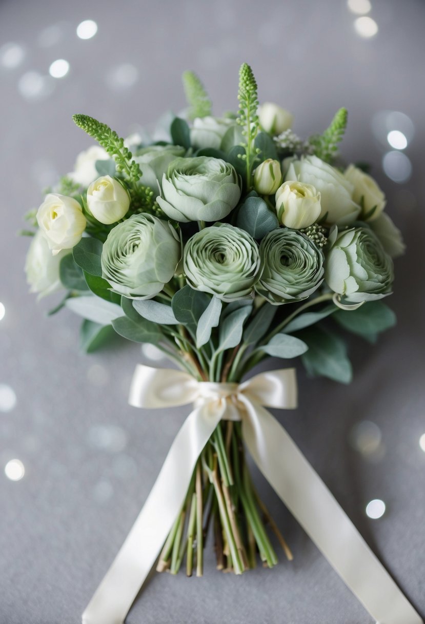 A delicate bouquet of sage green posies tied with a satin ribbon