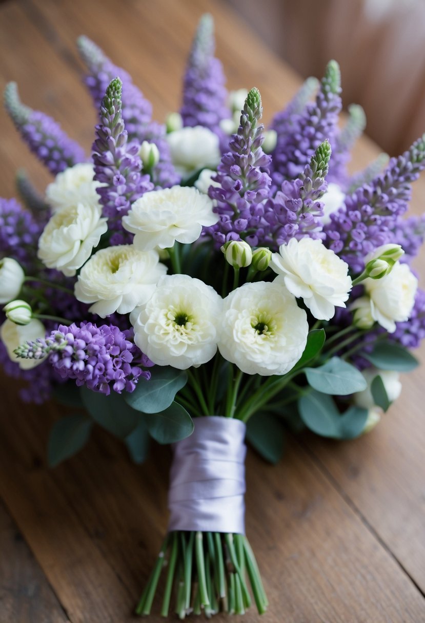 A bouquet of lavender and white lisianthus arranged in a delicate wedding bouquet