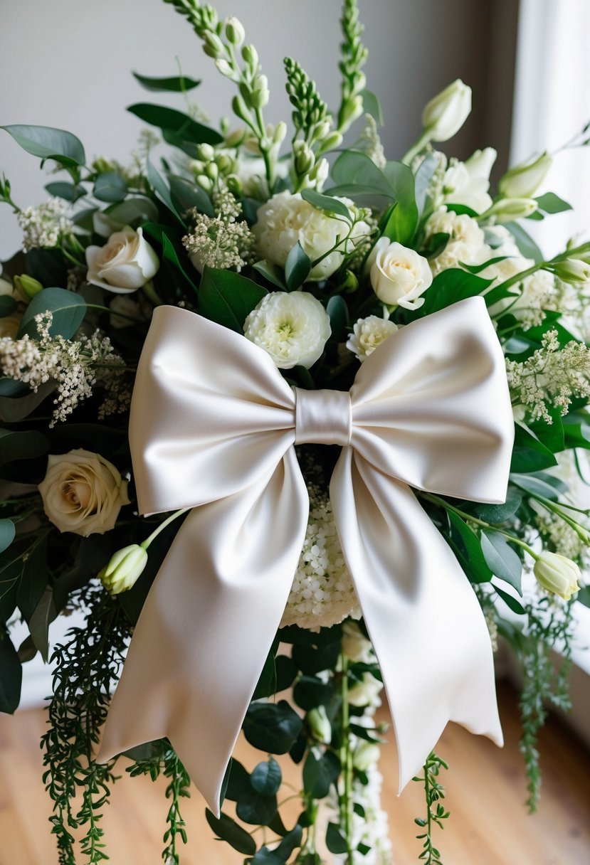 An elegant bridal bouquet featuring an oversized satin bow, surrounded by lush, cascading flowers and delicate greenery