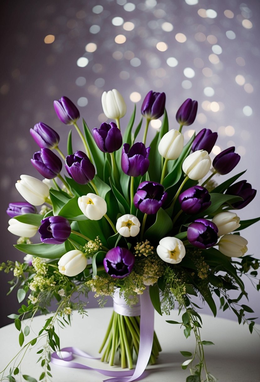 A lush bouquet of purple and white tulips arranged in a cascading style, with delicate greenery and ribbon accents