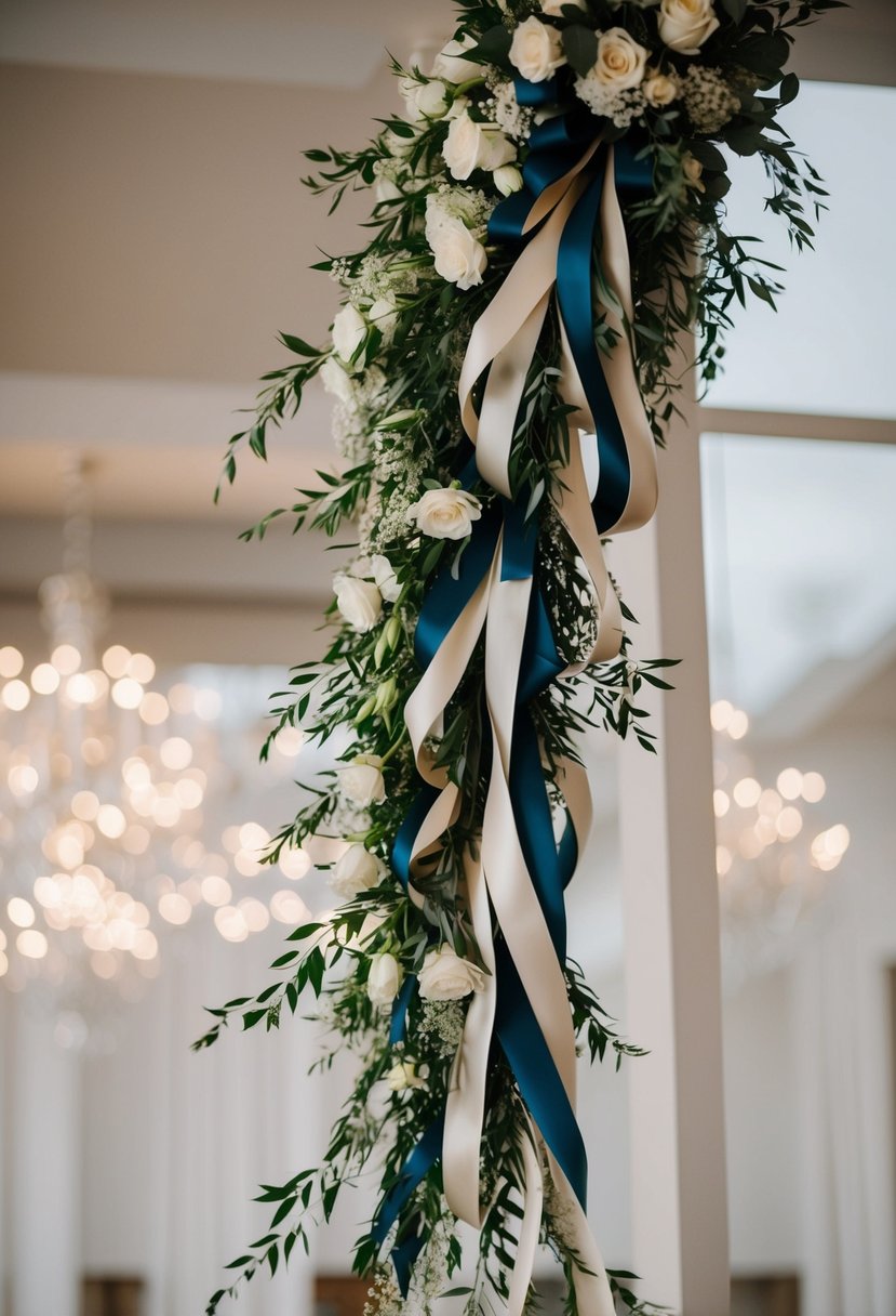 A cascade wedding bouquet made of two-tone ribbons flowing elegantly in a cascading arrangement