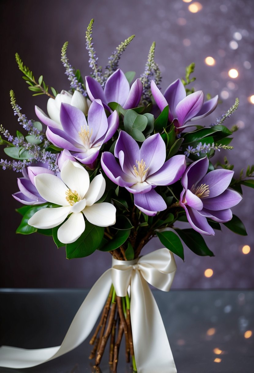 A lush bouquet of fragrant magnolia blossoms in shades of lavender purple and white, accented with delicate greenery and tied with a flowing silk ribbon