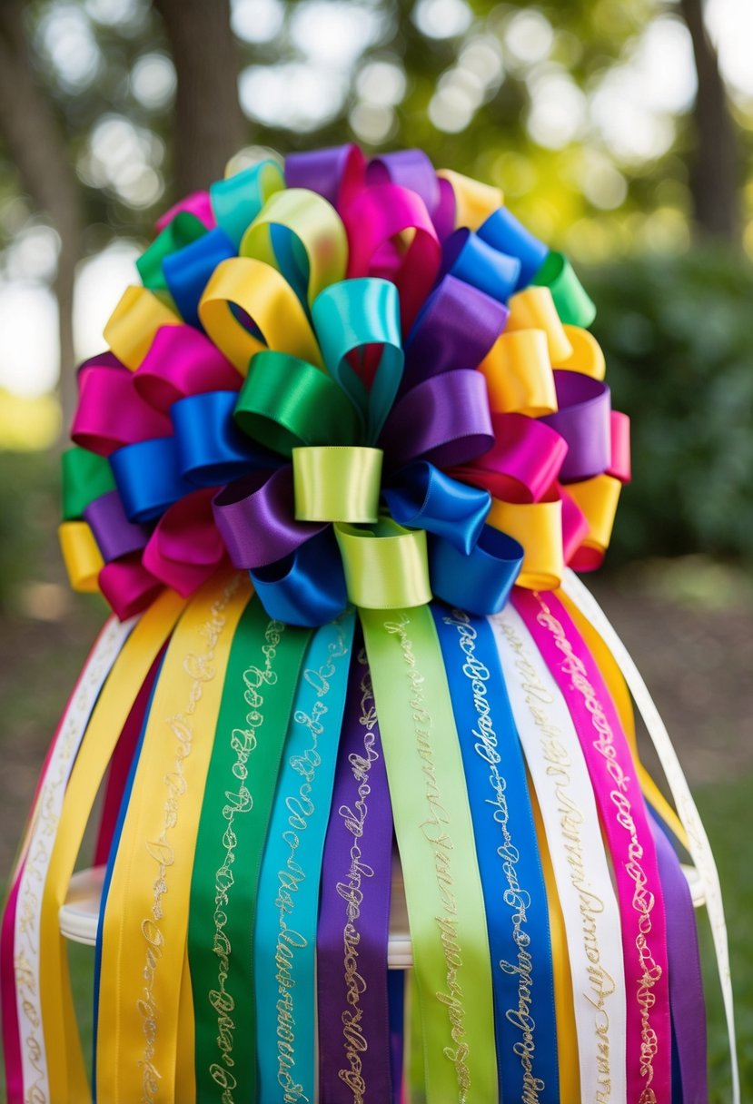 A colorful bouquet of ribbons with personalized embroidery, arranged in a cascading design