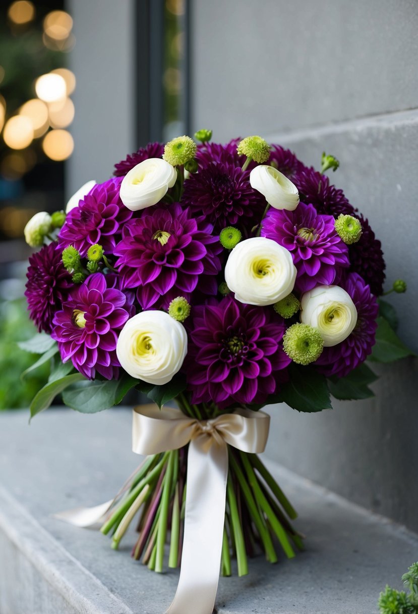 A lush bouquet of plum dahlias and white ranunculus, tied with a satin ribbon