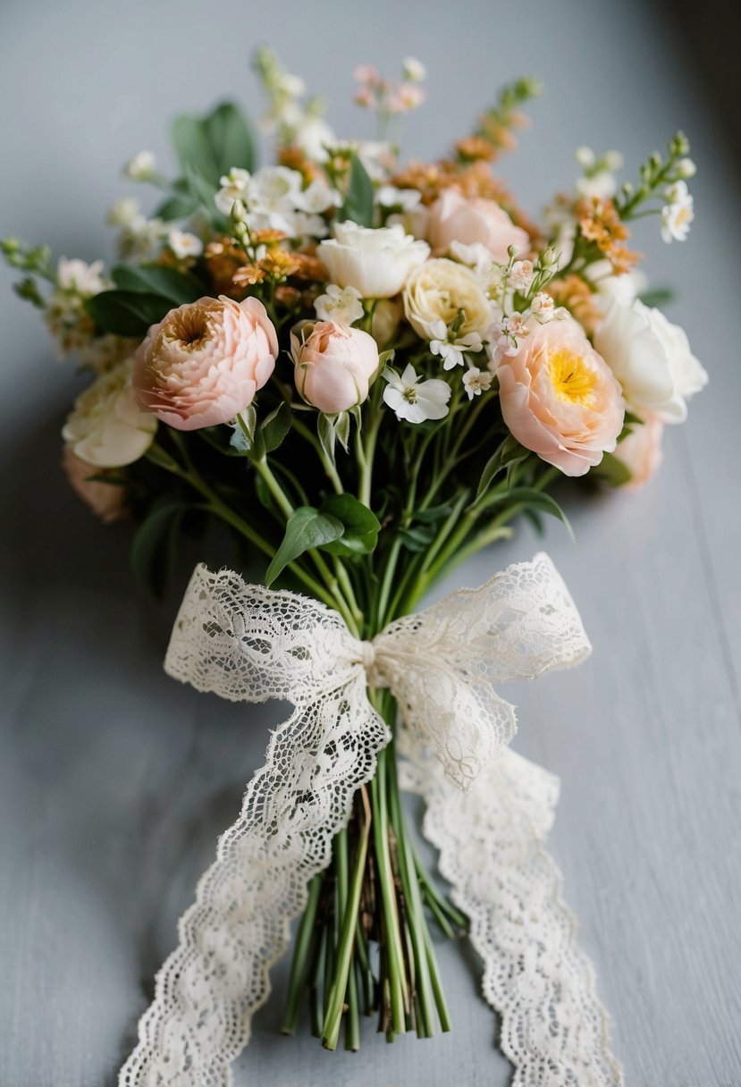 A delicate lace ribbon wraps around a bouquet of vintage flowers