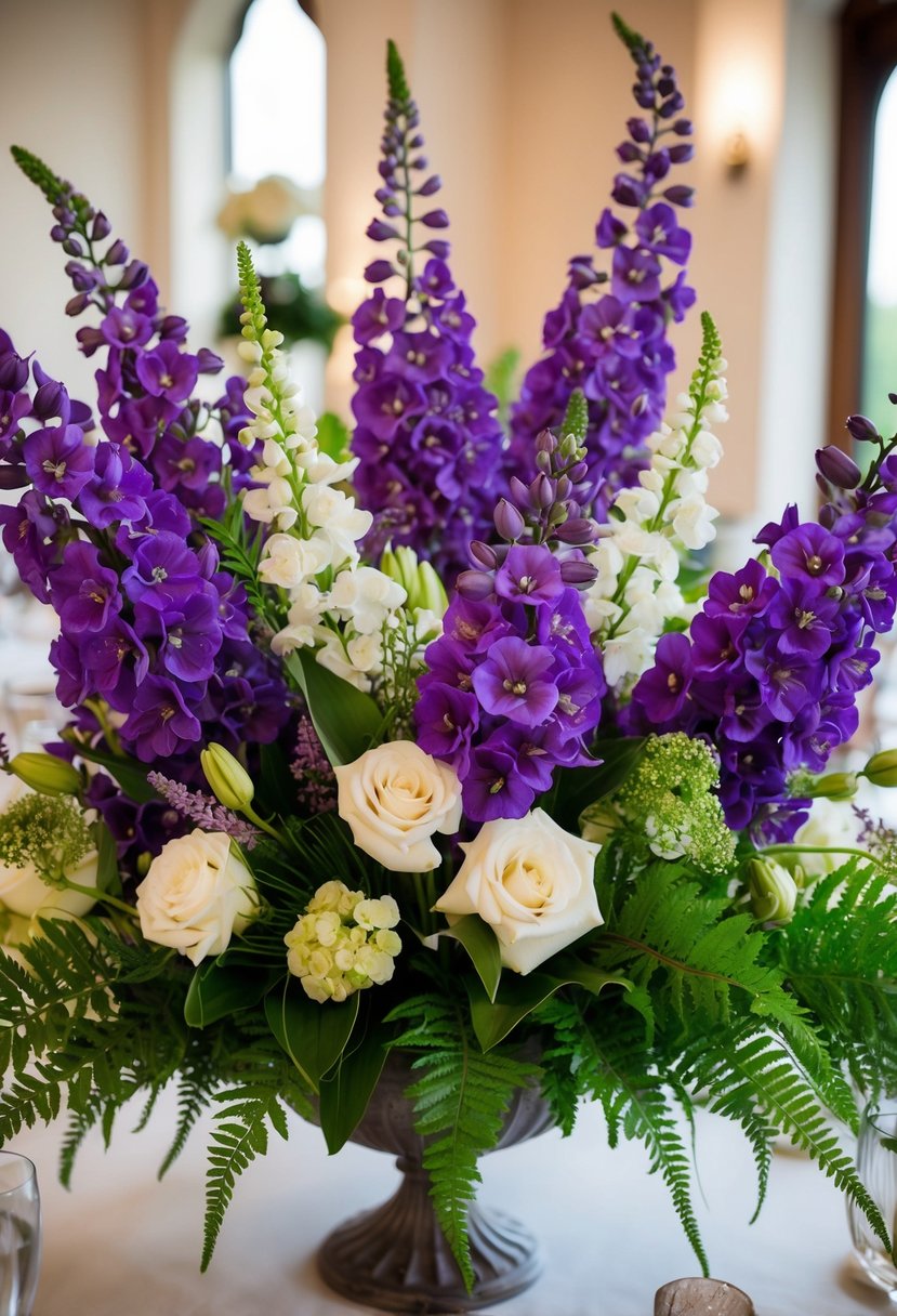 A lush bouquet of amethyst delphiniums and ferns, accented with white blooms, creates a stunning wedding centerpiece