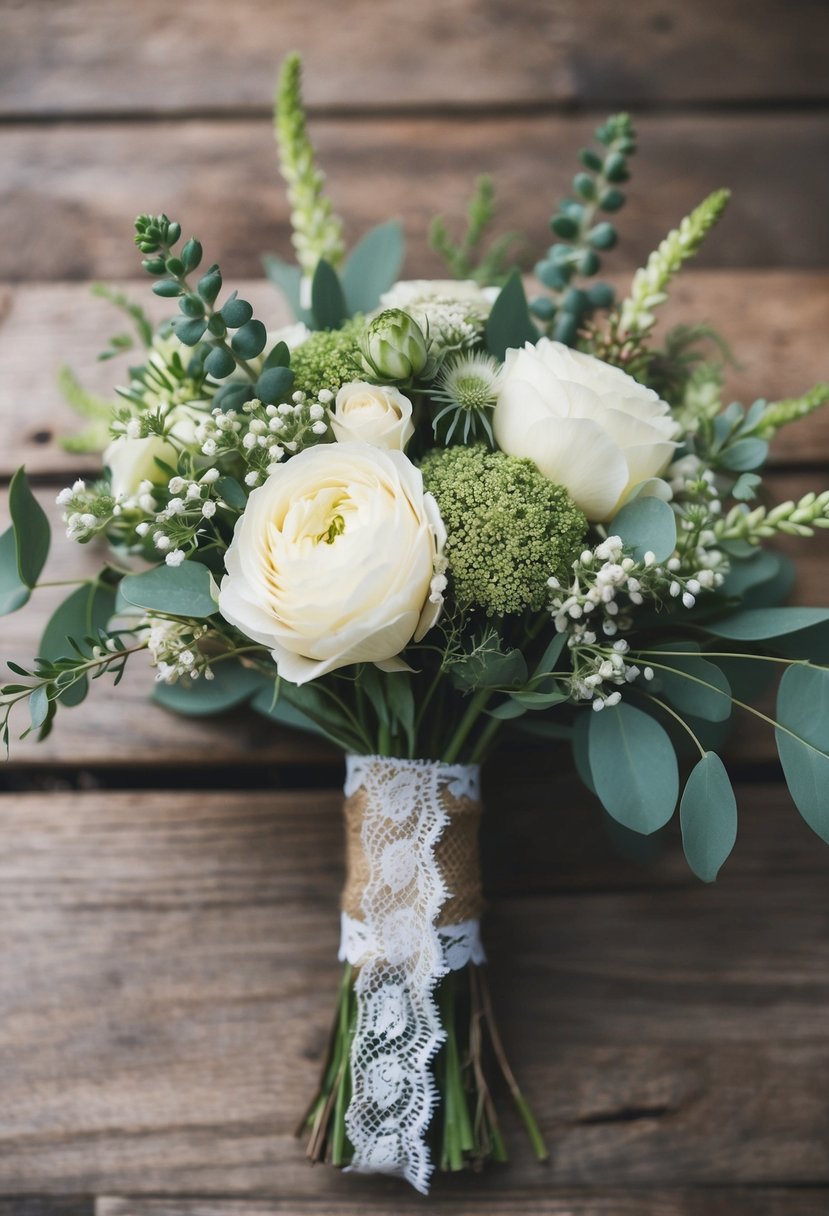 A rustic wedding bouquet featuring burlap and lace ribbon, adorned with delicate flowers and greenery