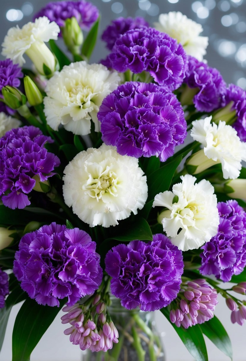 A bouquet of purple carnations and white lilacs arranged in a delicate, cascading design