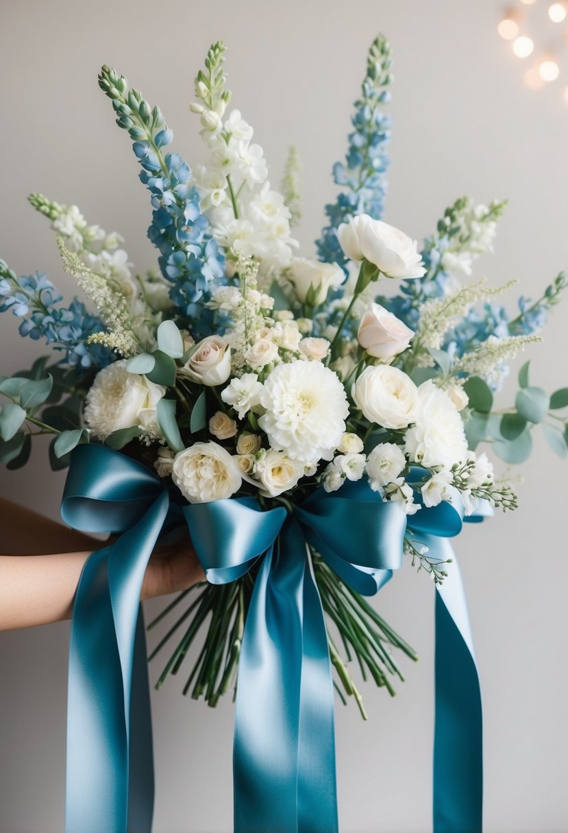 A bouquet of dusty blue silk ribbons cascading from a delicate arrangement of white and pastel flowers