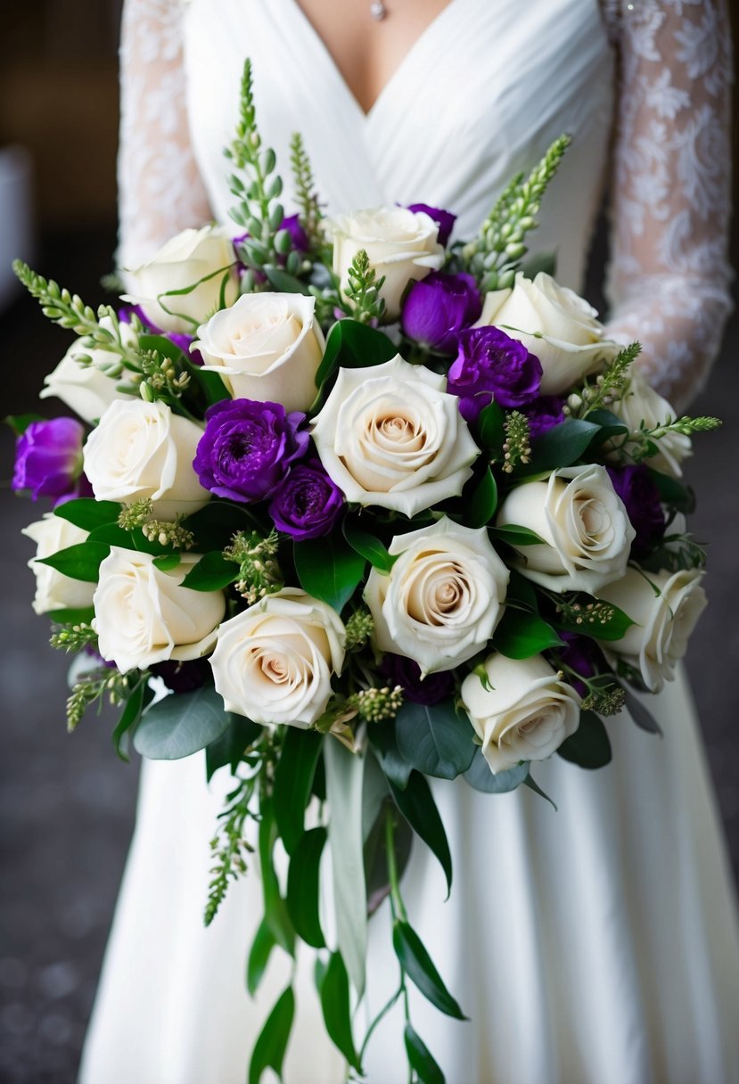 An elegant bouquet of ivory roses and purple wax flowers, arranged in a cascading style for a wedding