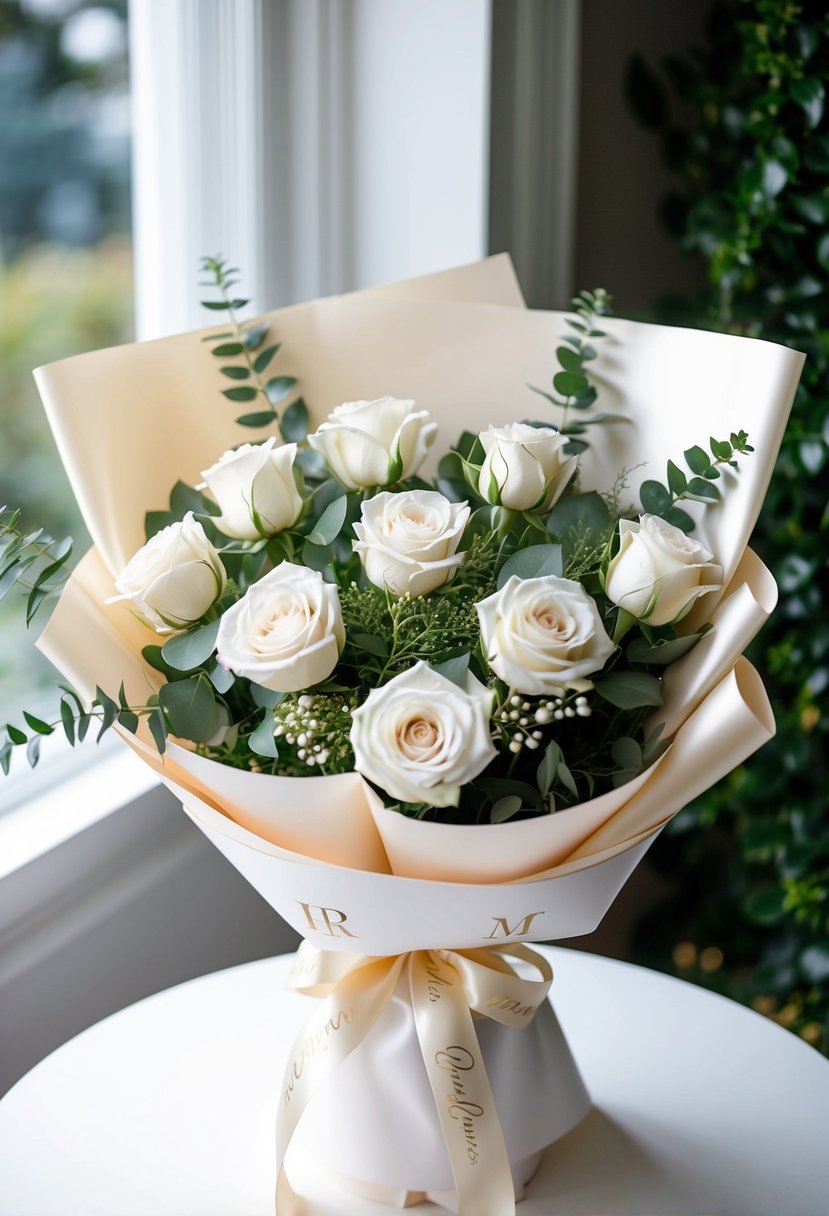 A bouquet of white roses and delicate greenery, wrapped with a monogrammed satin ribbon in soft pastel colors