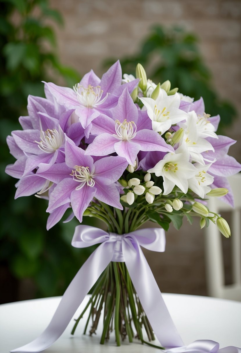 A delicate bouquet of lilac clematis and white freesia, tied with a satin ribbon