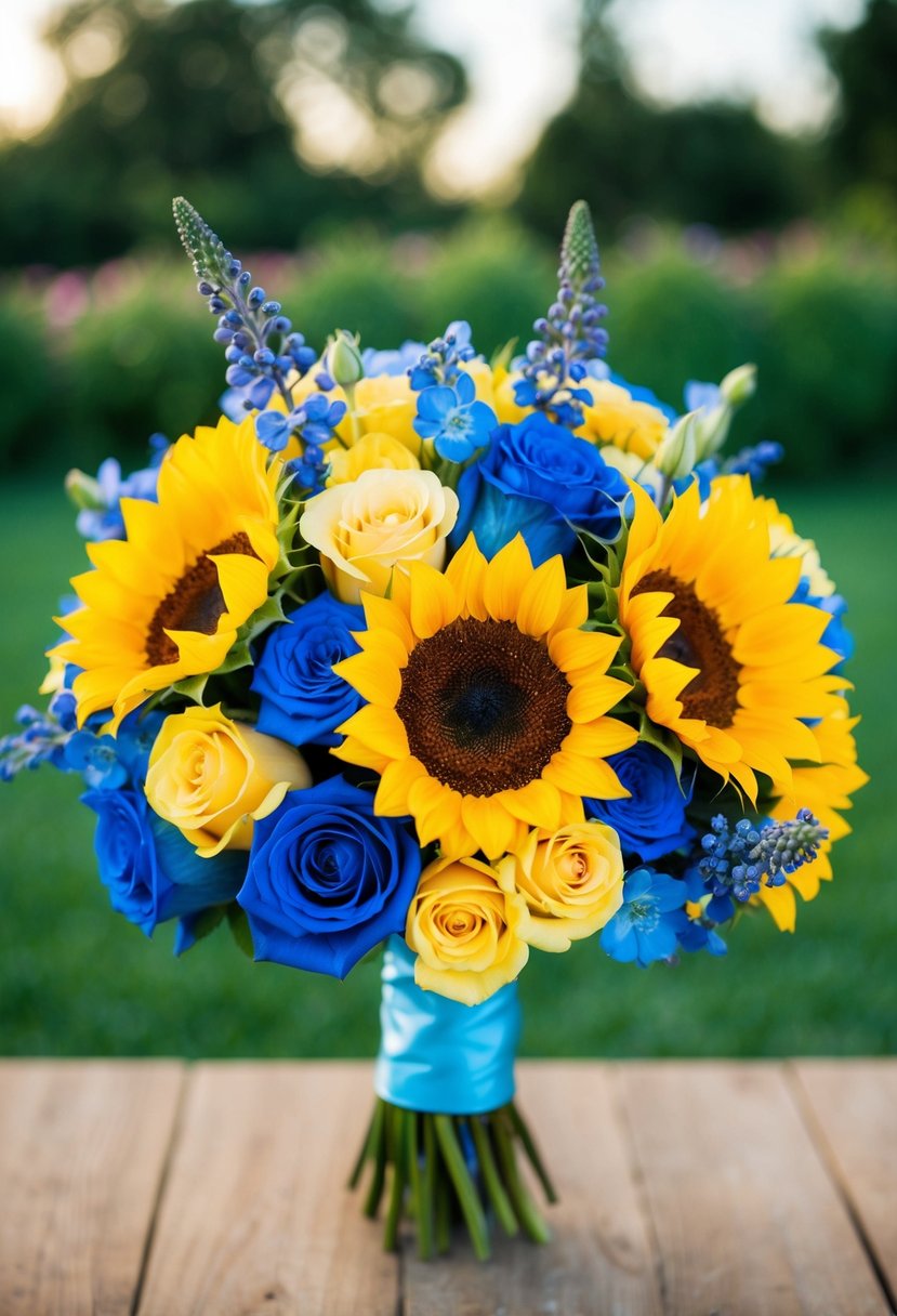 A yellow and blue wedding bouquet with sunflowers, roses, and delphiniums