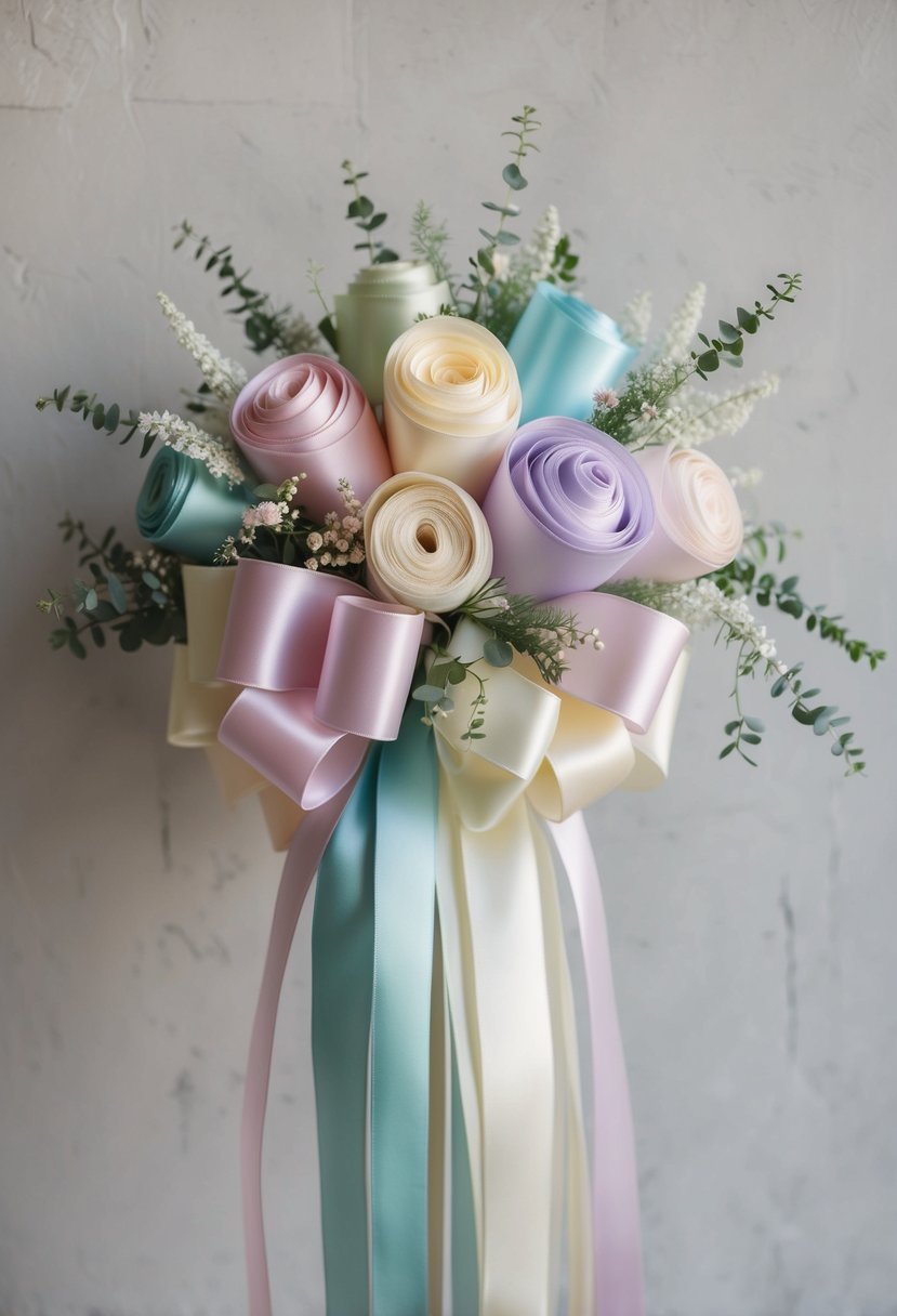 A bouquet of tulle and satin fusion ribbons in various pastel shades, arranged in a cascading formation with delicate greenery and small floral accents