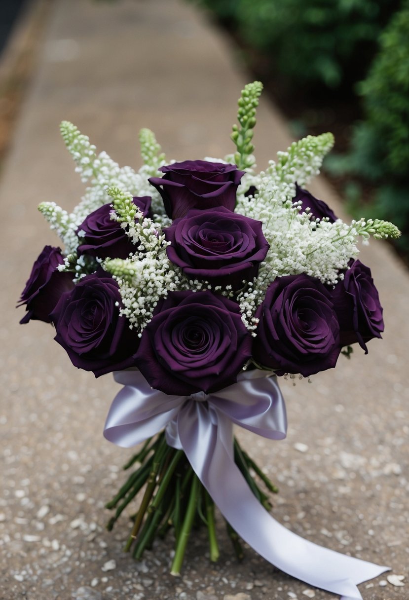 A lush bouquet of eggplant-colored roses and delicate white gypsophila, tied with a satin ribbon