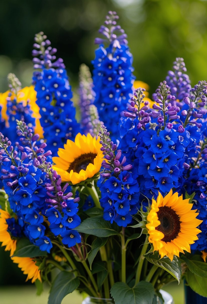 A vibrant bouquet of royal blue delphiniums with sunflower accents