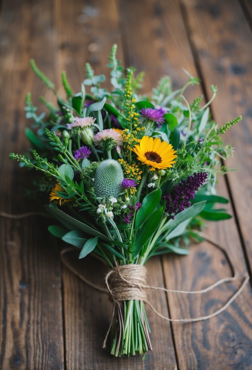 A bouquet of wildflowers and greenery wrapped in rustic twine