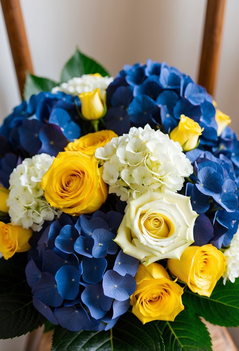 A bouquet of navy blue hydrangeas mixed with yellow roses