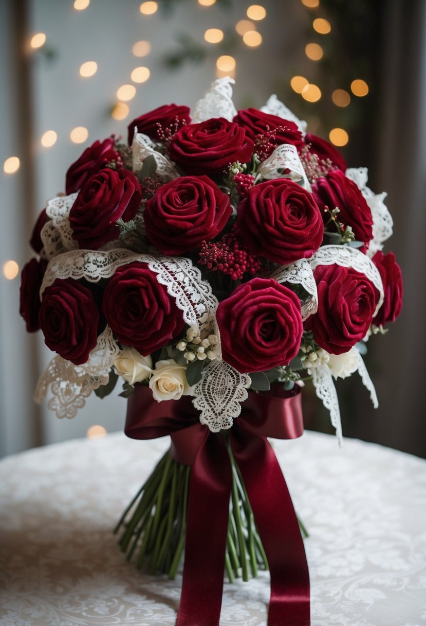 A lush bouquet of deep red velvet ribbon intertwined with delicate Victorian lace, tied with a satin bow