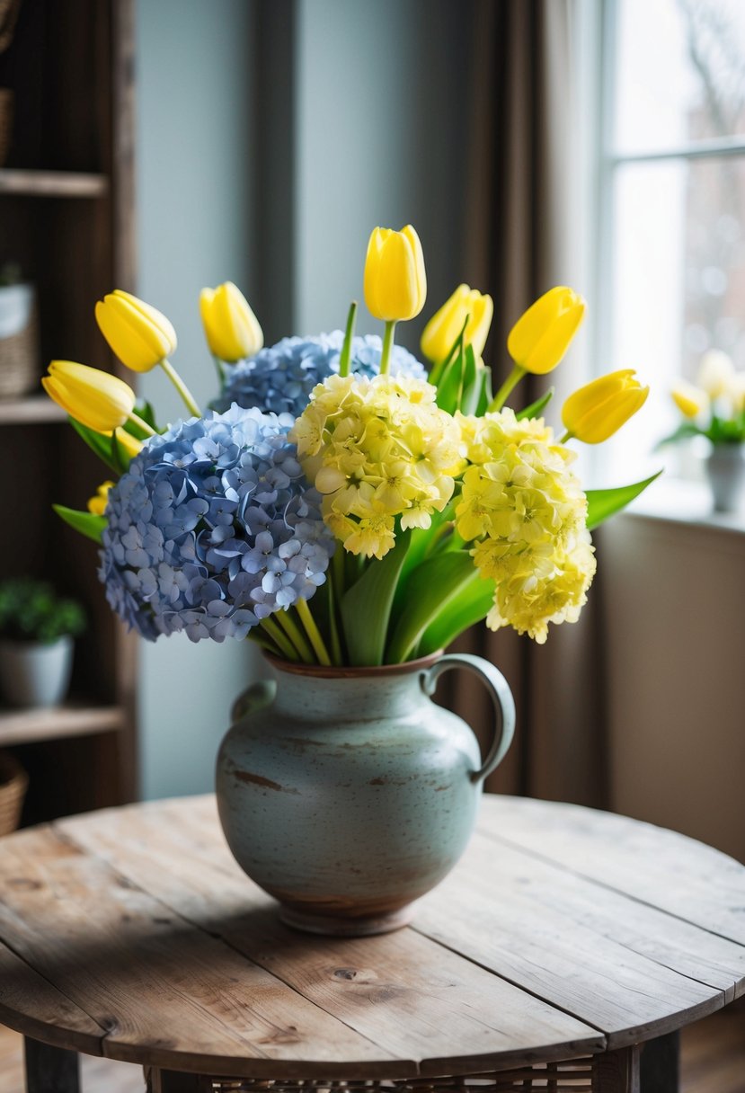 A bouquet of baby blue hydrangeas and lemon yellow tulips in a rustic vase on a wooden table