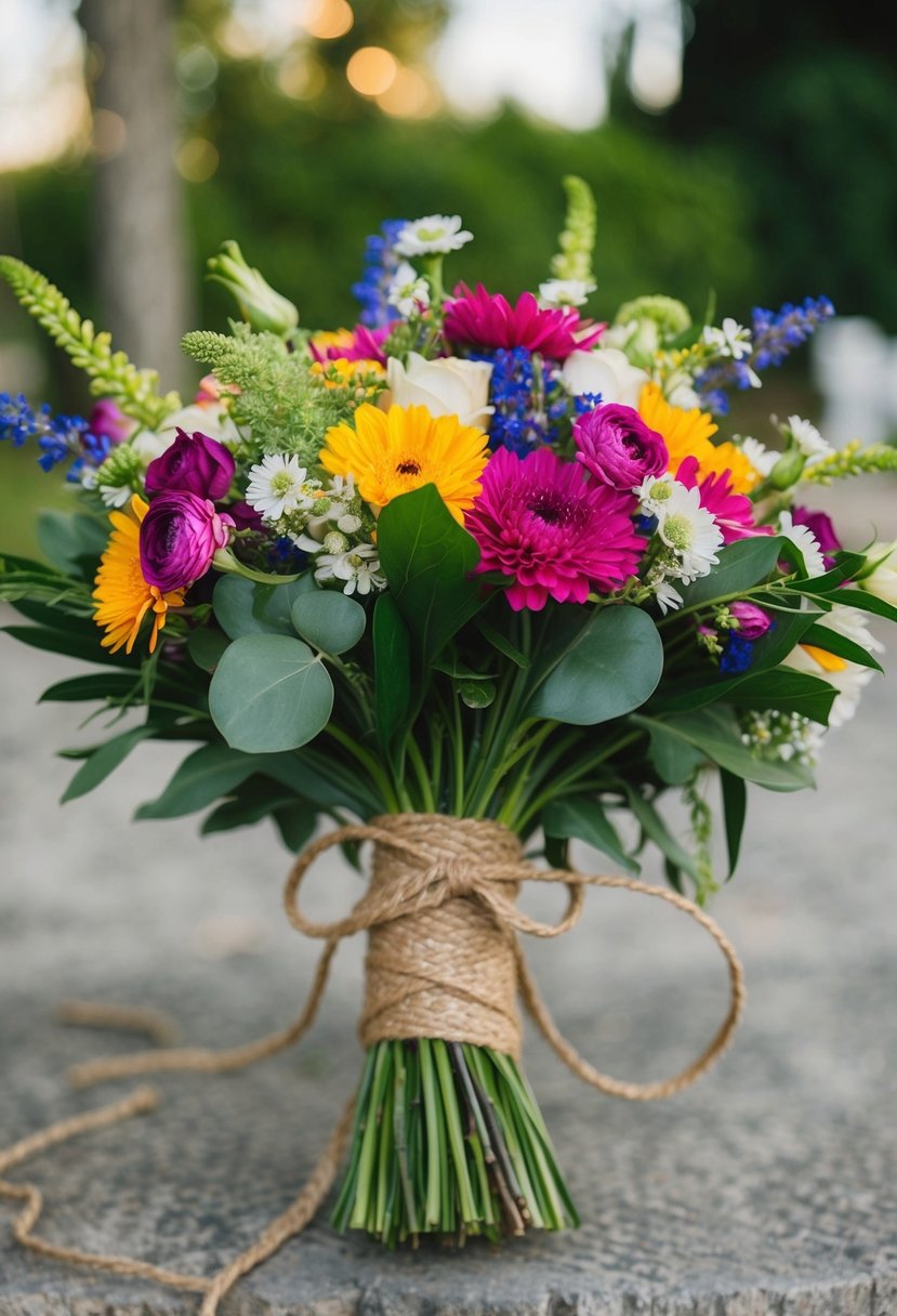 A wedding bouquet made of vibrant flowers and adorned with eco-friendly jute wrap ribbon, tied in a beautiful bow