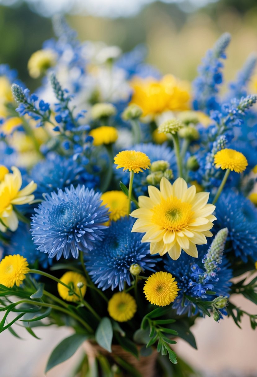 A vibrant arrangement of blue and yellow wildflowers, with delicate petals and green stems, creating a cheerful and elegant wedding bouquet