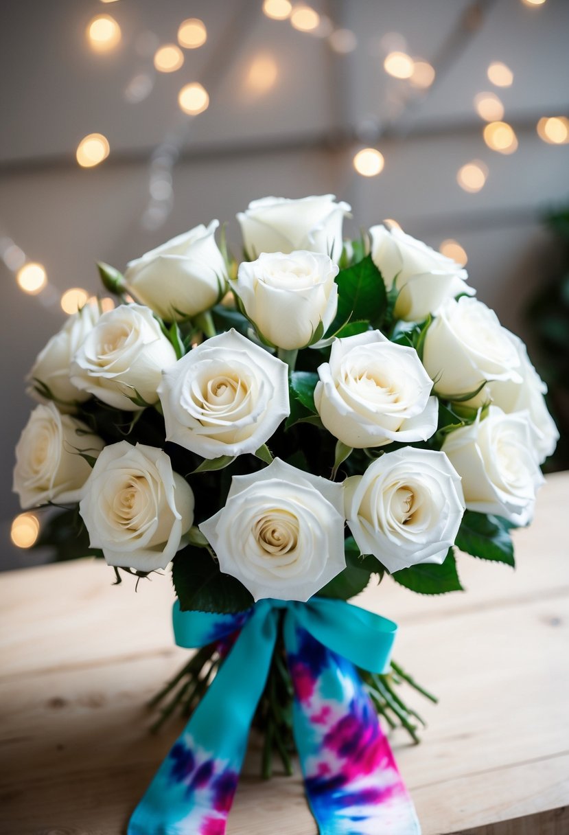 A bouquet of white roses with tie-dyed ribbon accents