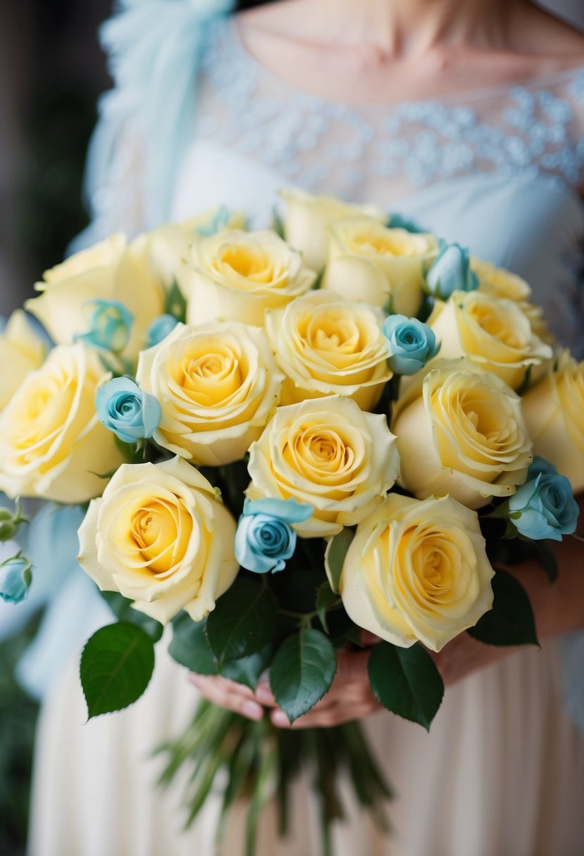 A bouquet of butter yellow roses with delicate light blue accents