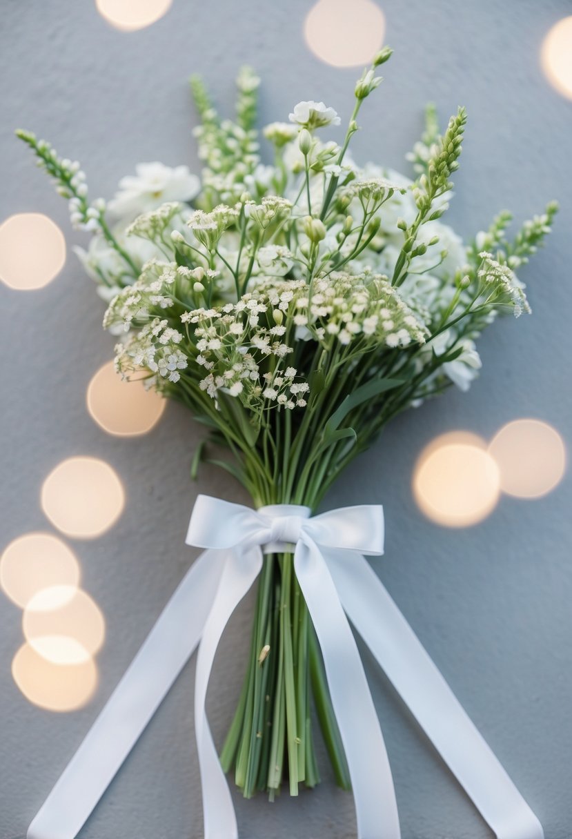 A simple, elegant bouquet of white ribbon ties, wrapped around a bundle of delicate flowers