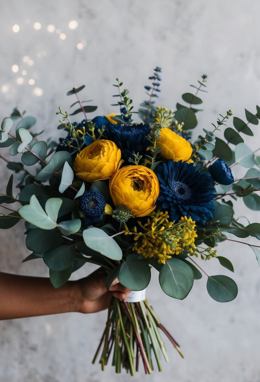 A vibrant bouquet of navy and mustard yellow flowers, accented with eucalyptus leaves, arranged in a loose and organic style