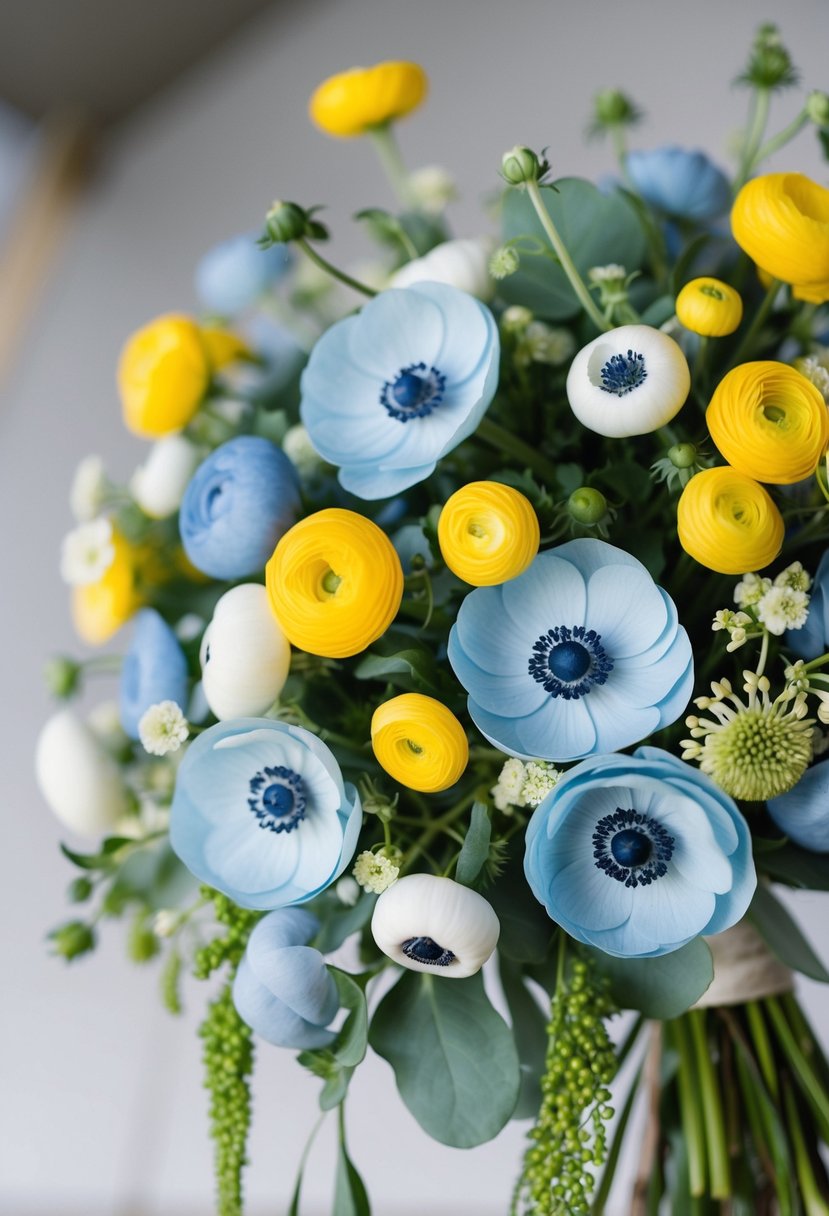 A delicate bouquet of soft blue anemones and vibrant yellow ranunculus arranged in a cascading design