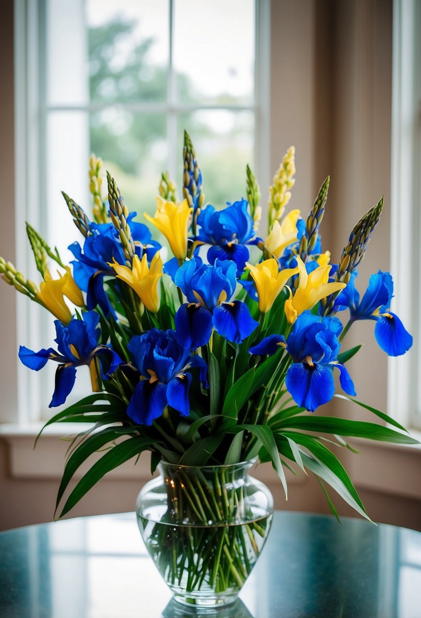 A vibrant bouquet of blue irises and yellow freesias arranged in a clear glass vase, with natural light streaming in from a nearby window