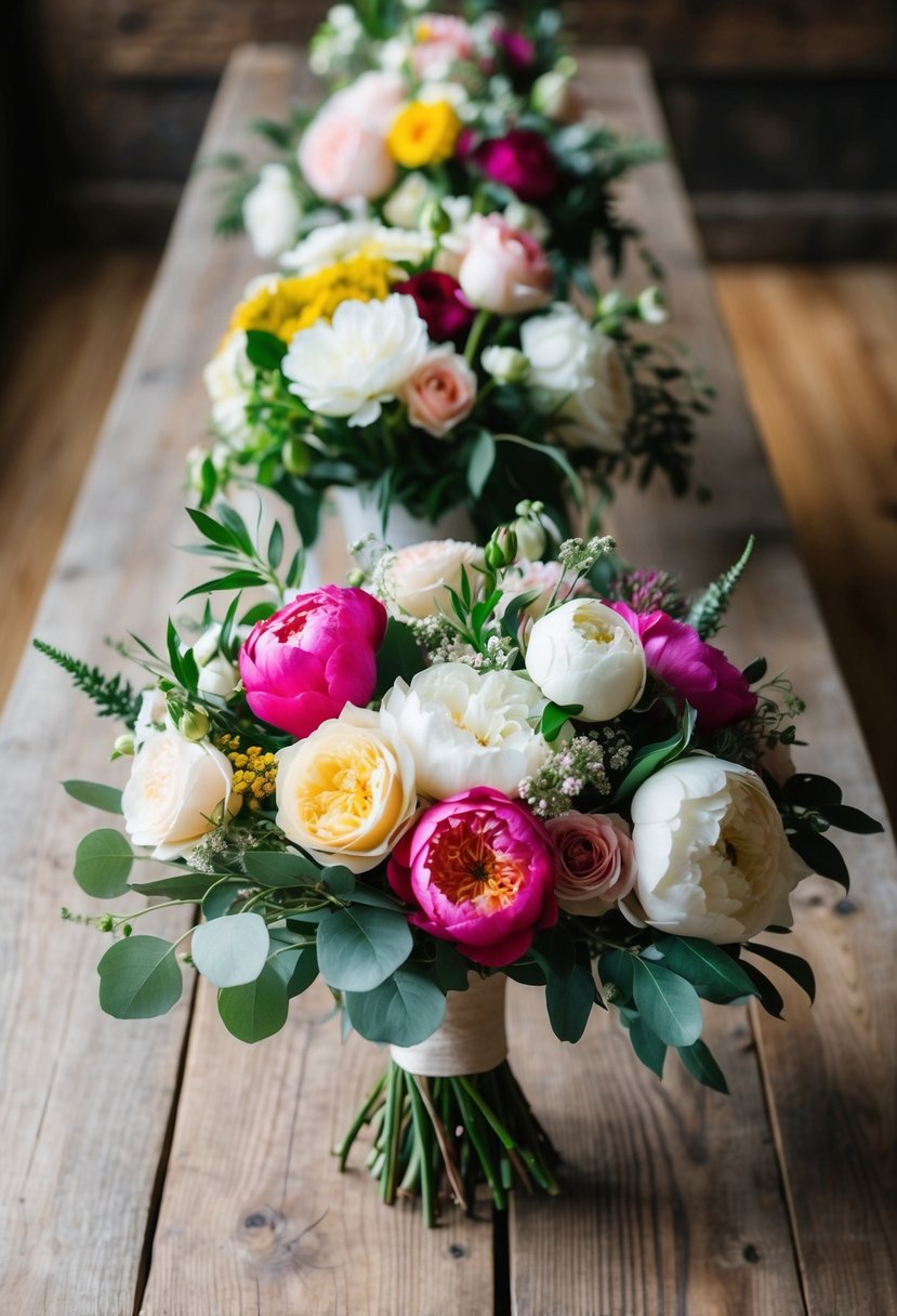 A rustic wooden table adorned with a variety of colorful and elegant wedding bouquets, featuring a mix of roses, peonies, and greenery