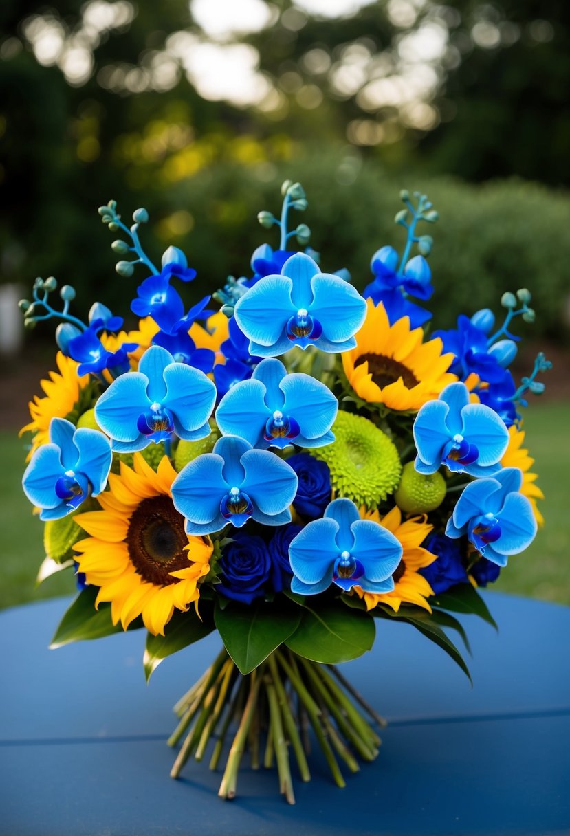 A bouquet of sapphire blue orchids and sunflowers arranged in a vibrant and elegant wedding bouquet