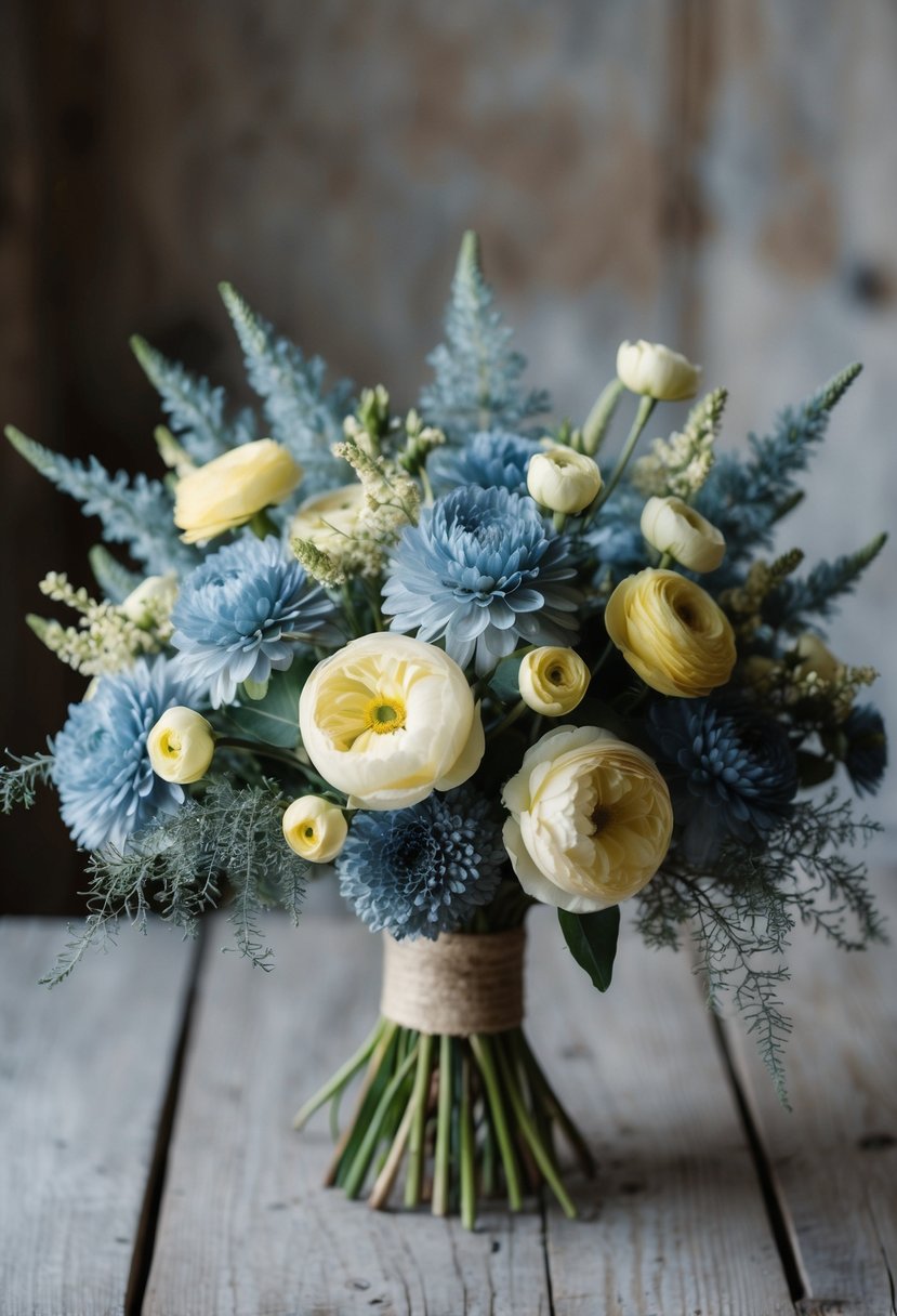 A bouquet of dusty blue and creamy yellow flowers arranged in a rustic, vintage-inspired style