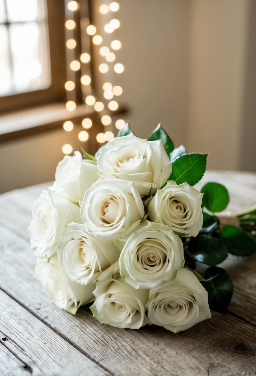 A classic white rose bouquet sits on a rustic wooden table, surrounded by soft natural light