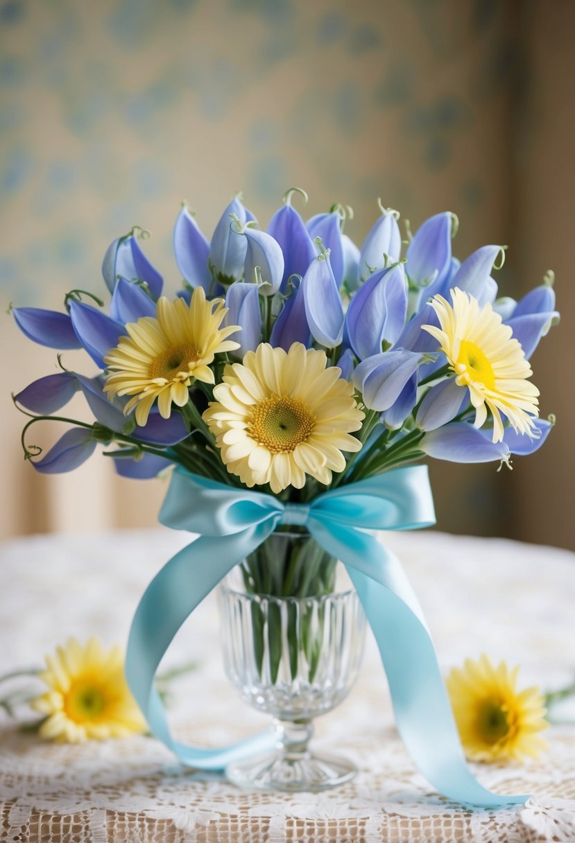 A delicate bouquet of pastel blue sweet peas and yellow daisies, tied together with a satin ribbon, sits in a crystal vase on a lace-covered table