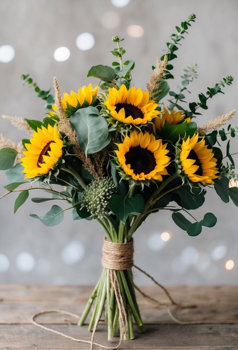 A rustic bouquet of sunflowers, twine, and greenery arranged in a simple, natural style