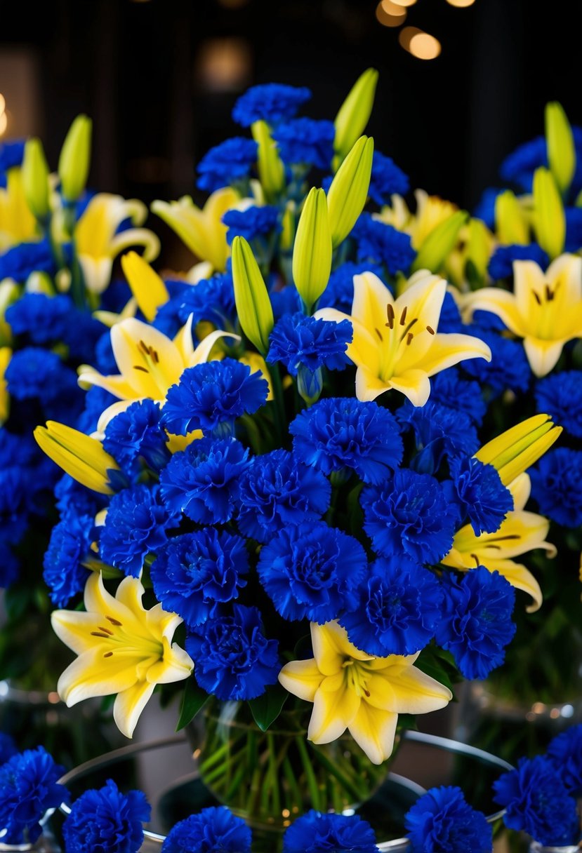 A vibrant bouquet of cobalt blue carnations and yellow lilies arranged in a stunning display