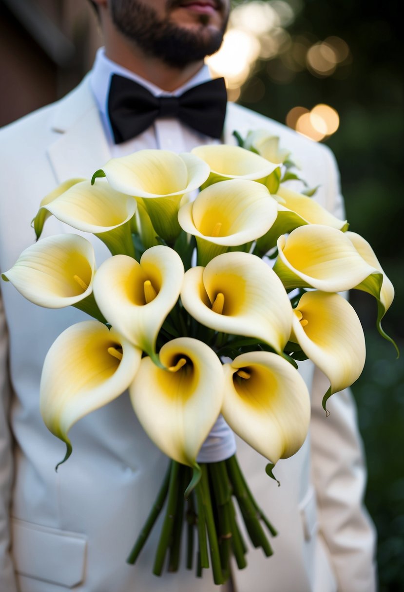 A cluster of elegant calla lilies arranged in a groom's wedding bouquet