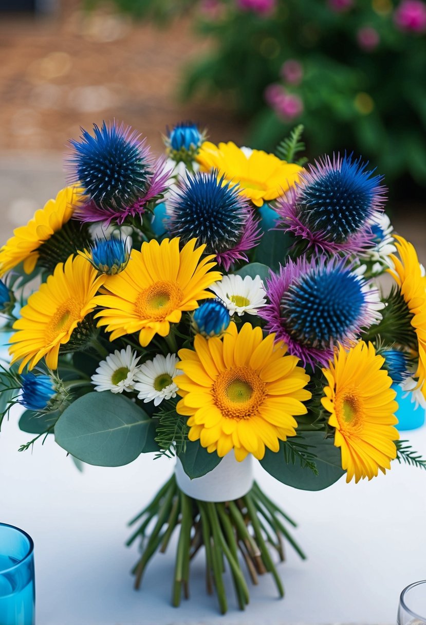 A vibrant bouquet featuring blue thistles and yellow gerbera daisies arranged in a beautiful wedding bouquet