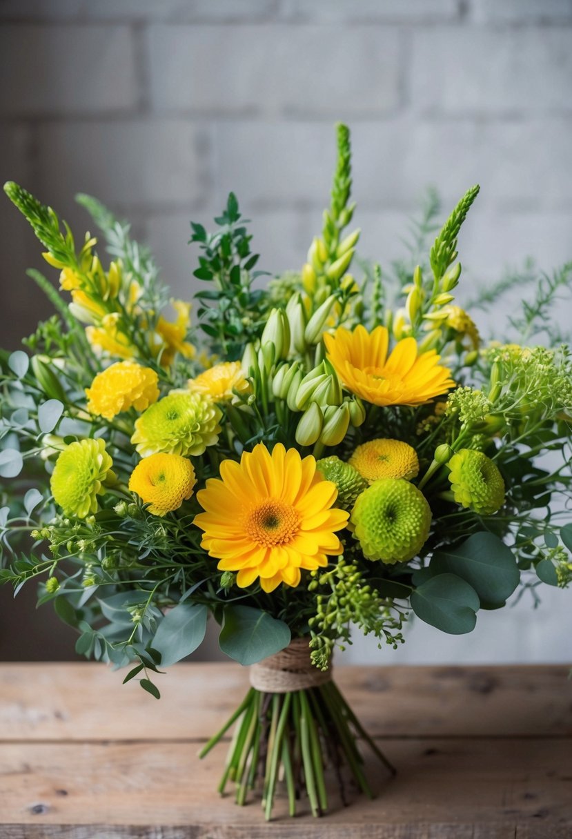 A vibrant bouquet of yellow and green flowers arranged in a rustic, wildflower style with delicate greenery and pops of sunny yellow blooms